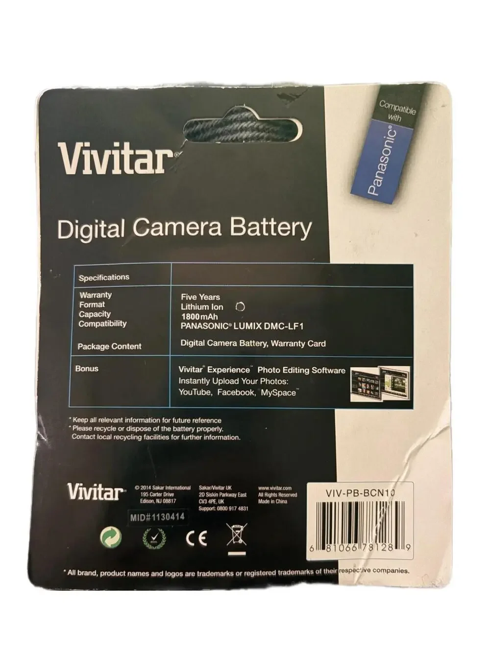 Vivitar Digital Camera Battery For Panasonic DMW-BCN10